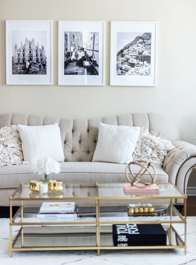 living room tour white beige gold