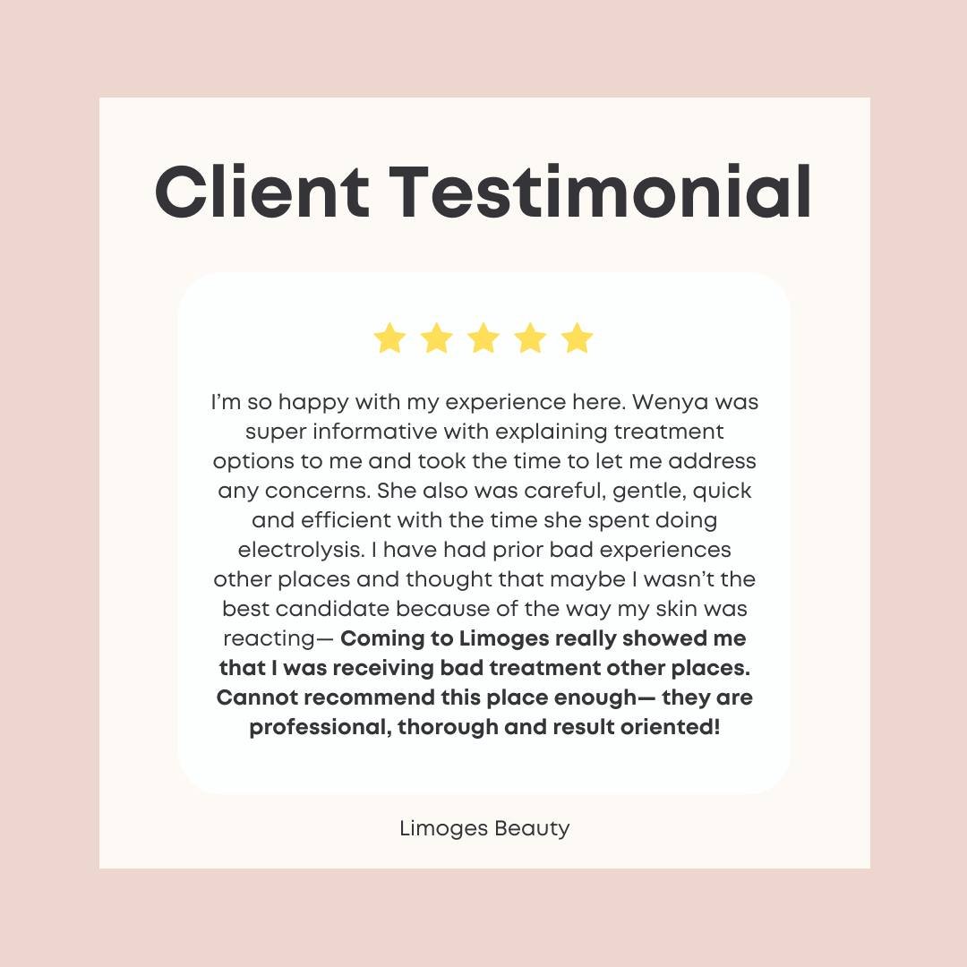 Wenya's expertise at Limoges Beauty has truly changed the game for our clients! ✨ Head over to our website to get in touch with a specialist today!

#limogesbeauty #electrolysis #electrolysisnyc #nycelectrolysis #clienttestimonial