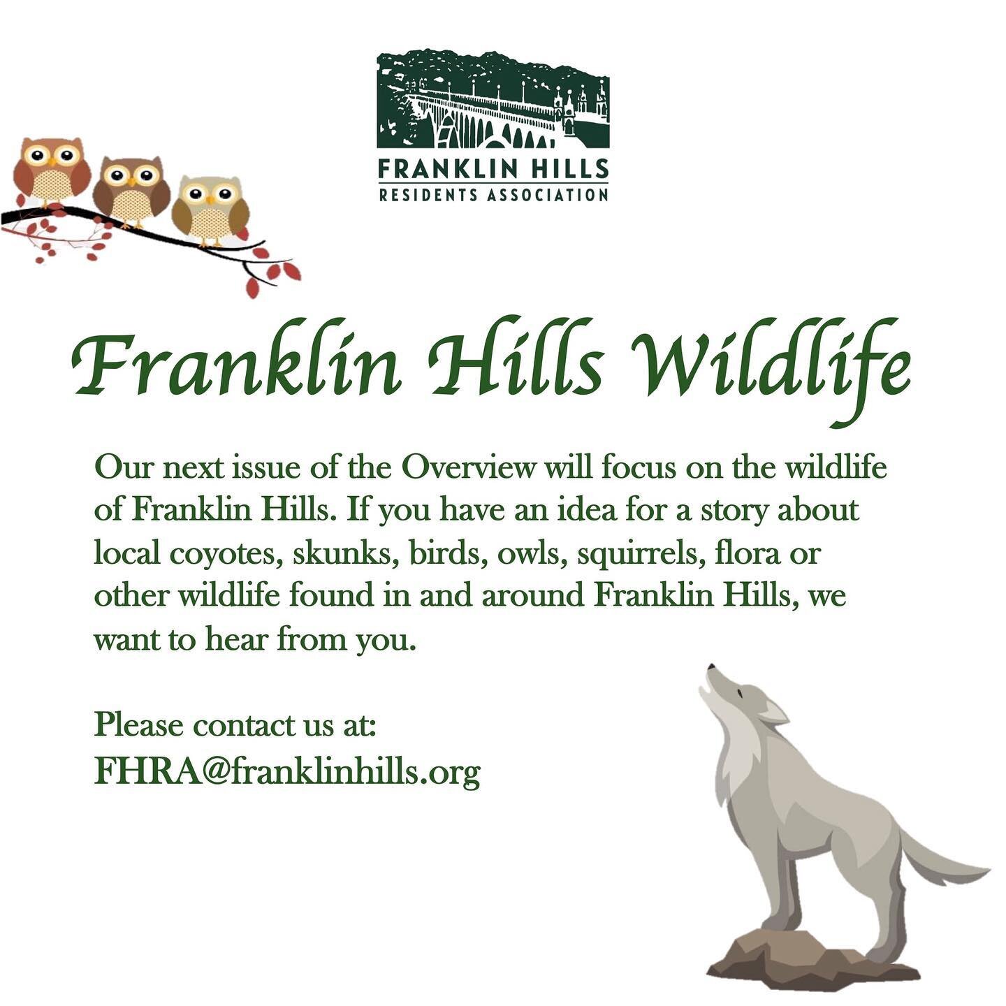 We&rsquo;re searching for contributors in the neighborhood who might be interested in sharing a story about the wildlife of Franklin Hills for the next issue of the Overview. If you&rsquo;ve got a good tale ; ) send us an email!