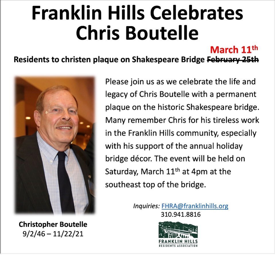 March 11th Please join us as we dedicate a plaque on the Shakespeare Bridge to honor the life and work of one of our dearest community members. He was a long time member of the FHRA board and was always there to lend a helping hand and bring a bit of