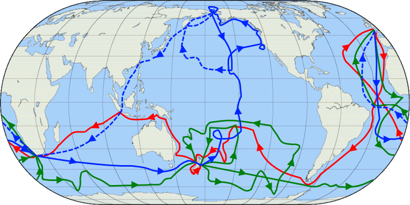 Cook's 3 voyages. The first one in red, second one in green, and the third in blue (with the dotted line showing the voyage after Cook's death in Hawaii). Image by Jon Platek.