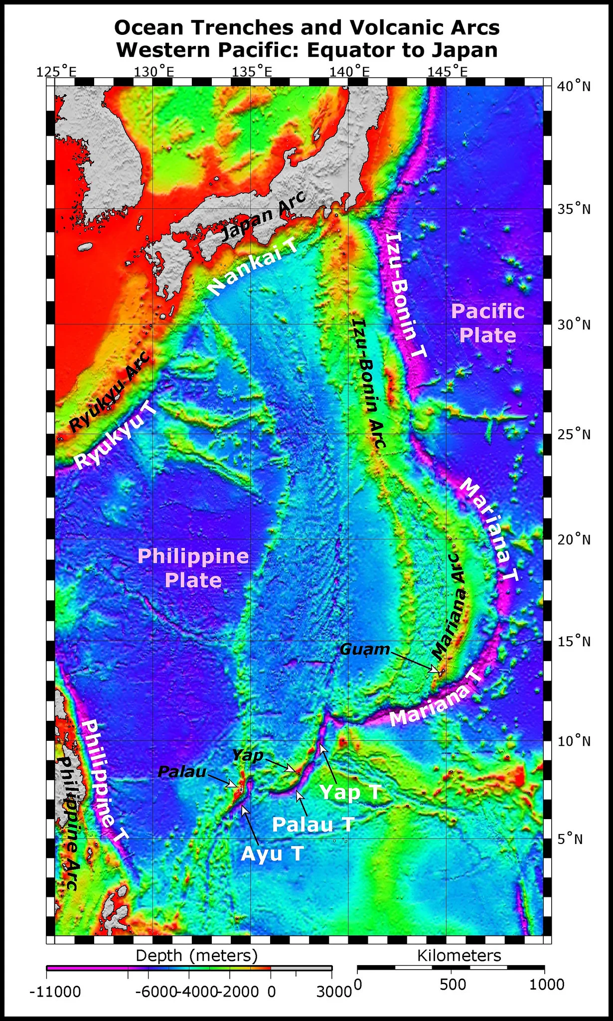 Map of the seafloor in the southwestern Pacific, showing the Mariana Trench. Image from NOAA .