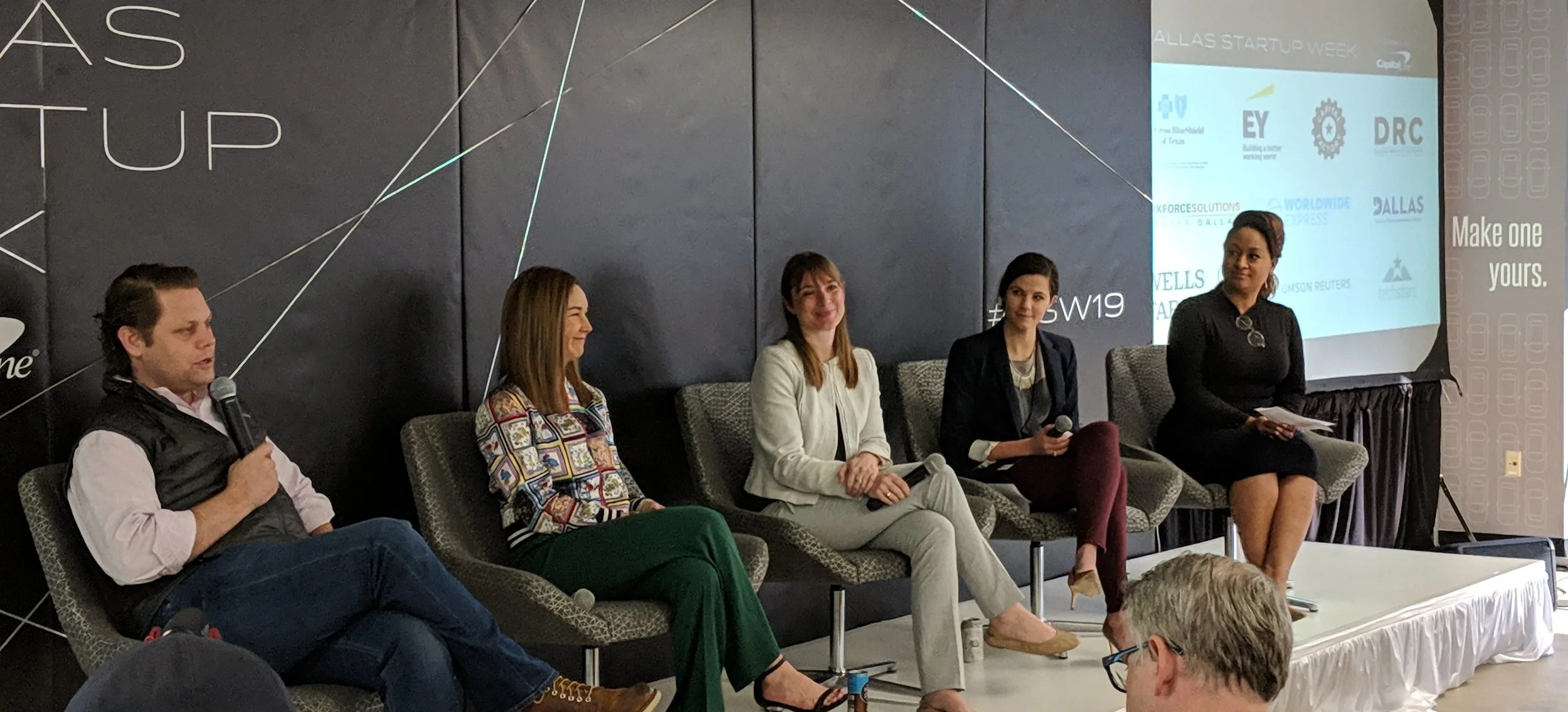 Trey Bowles chairs the Building the Future of Dallas discussion panel with Kourtny Garrett of Downtown Dallas, Inc., Jen Sanders of Dallas Innovation Alliance, Rebecca Cowle with Texas Central, and Michelle Williams of the Dallas Entrepreneur Center at Redbird.