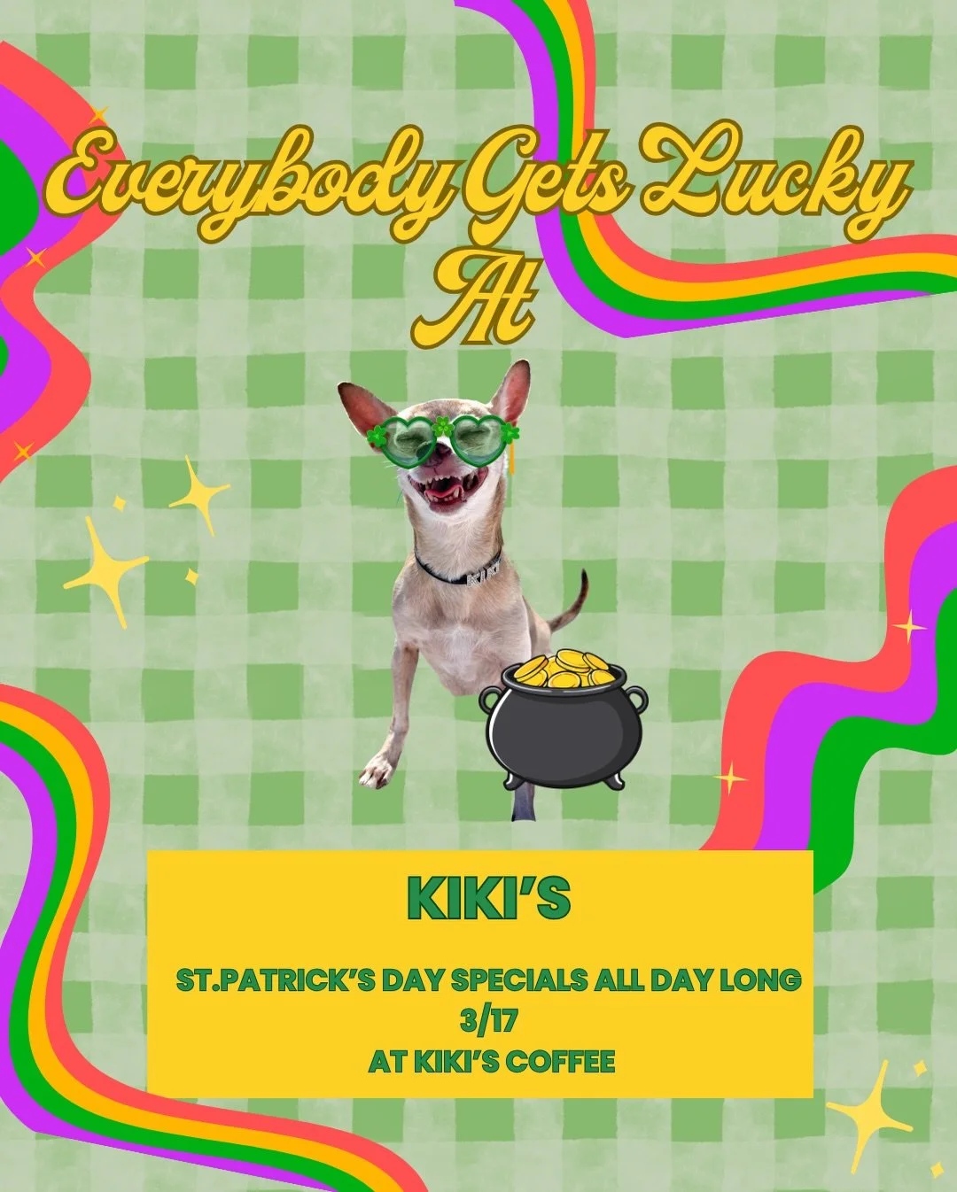 Feeling lucky? 🍀 Join us 3/17 for St. Patrick&rsquo;s Day at Kikis featuring festive drinks, matcha treats, and surprises from Kiki&rsquo;s Pot of Gold. 

#stpatricksday☘️ #safoodie #dogfriendlycafe #dogfriendlysa #sanantoniocoffee