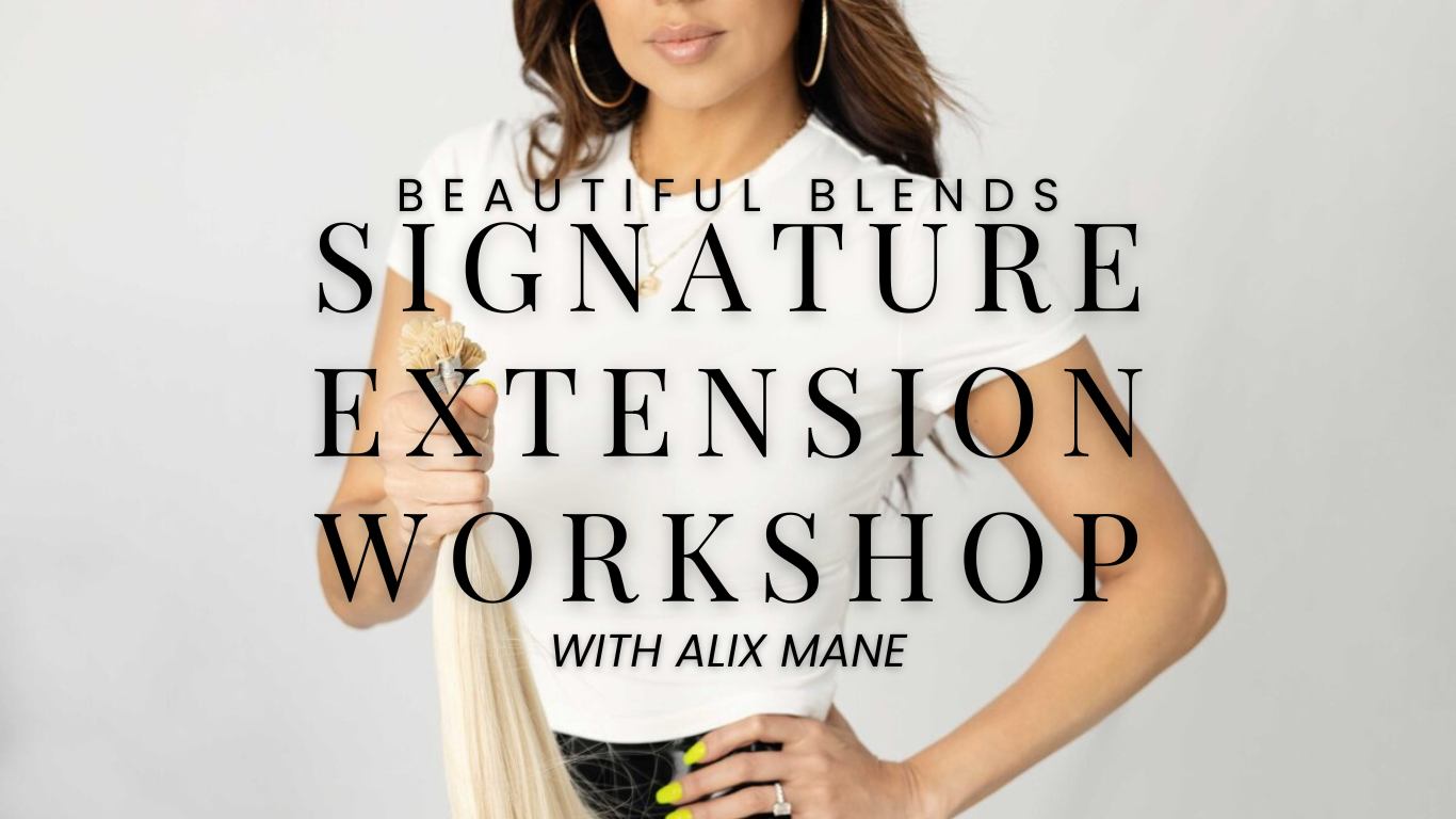 A woman with brown hair wearing large hoop earrings, a white t-shirt, and a ring on her finger, holding a blonde hair extension in her hand. Overlaid text advertises a signature extension workshop with Alix Mane.
