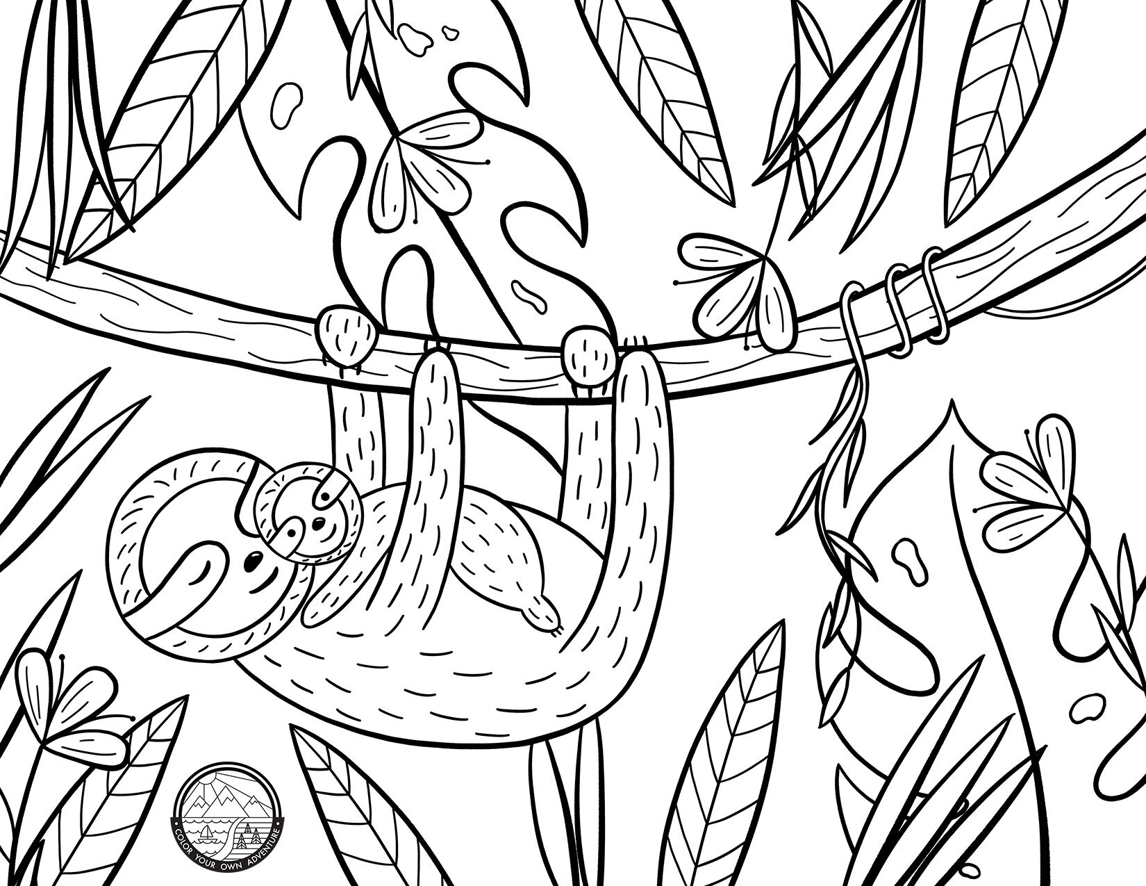 Sloth Snuggles Coloring Page