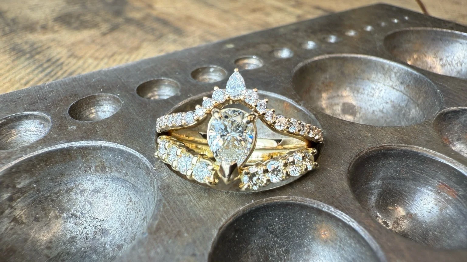 Close-up of bespoke ring featuring heirloom diamonds