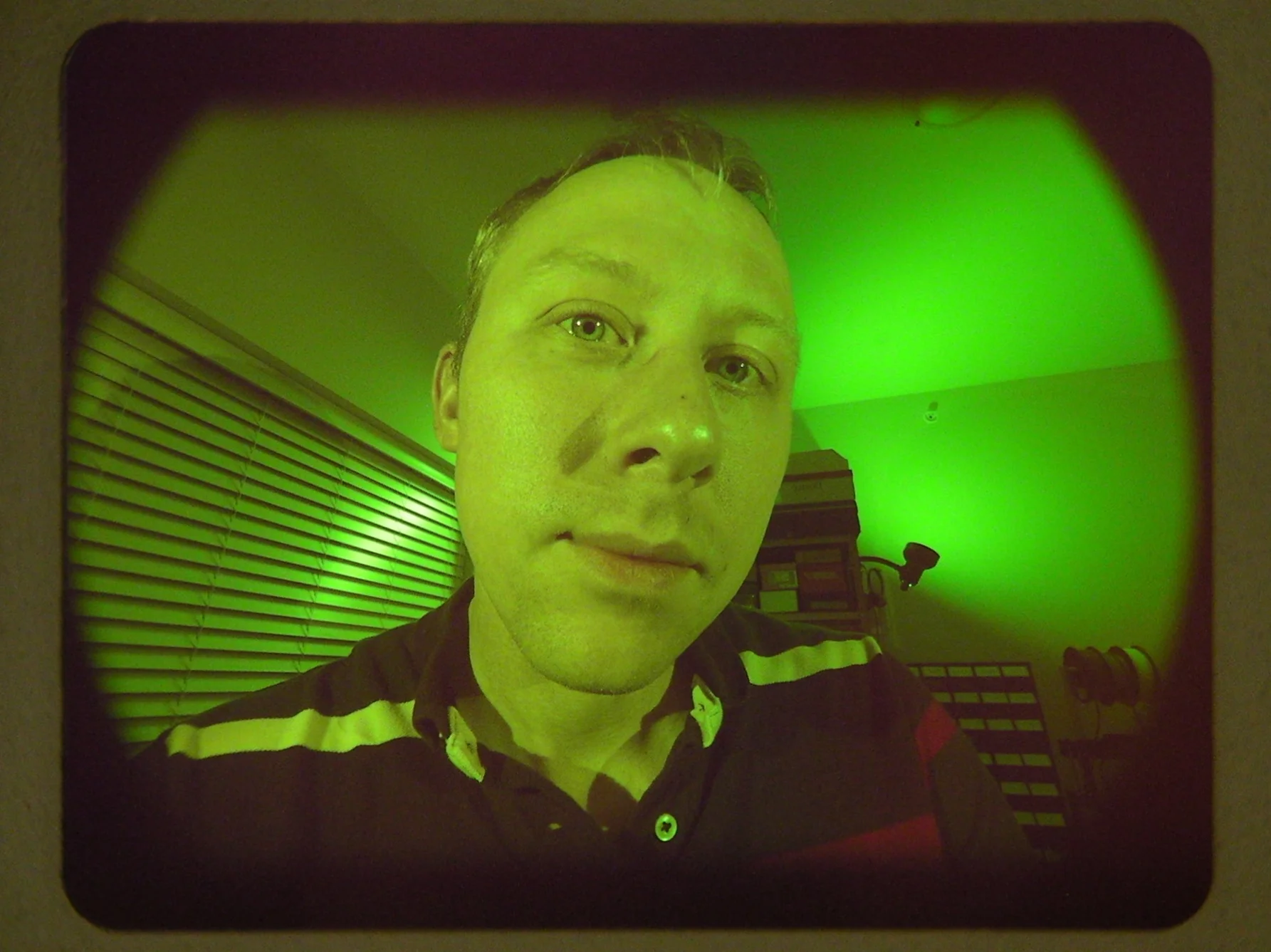 Self portrait captured through LCD projector optics, 2017.