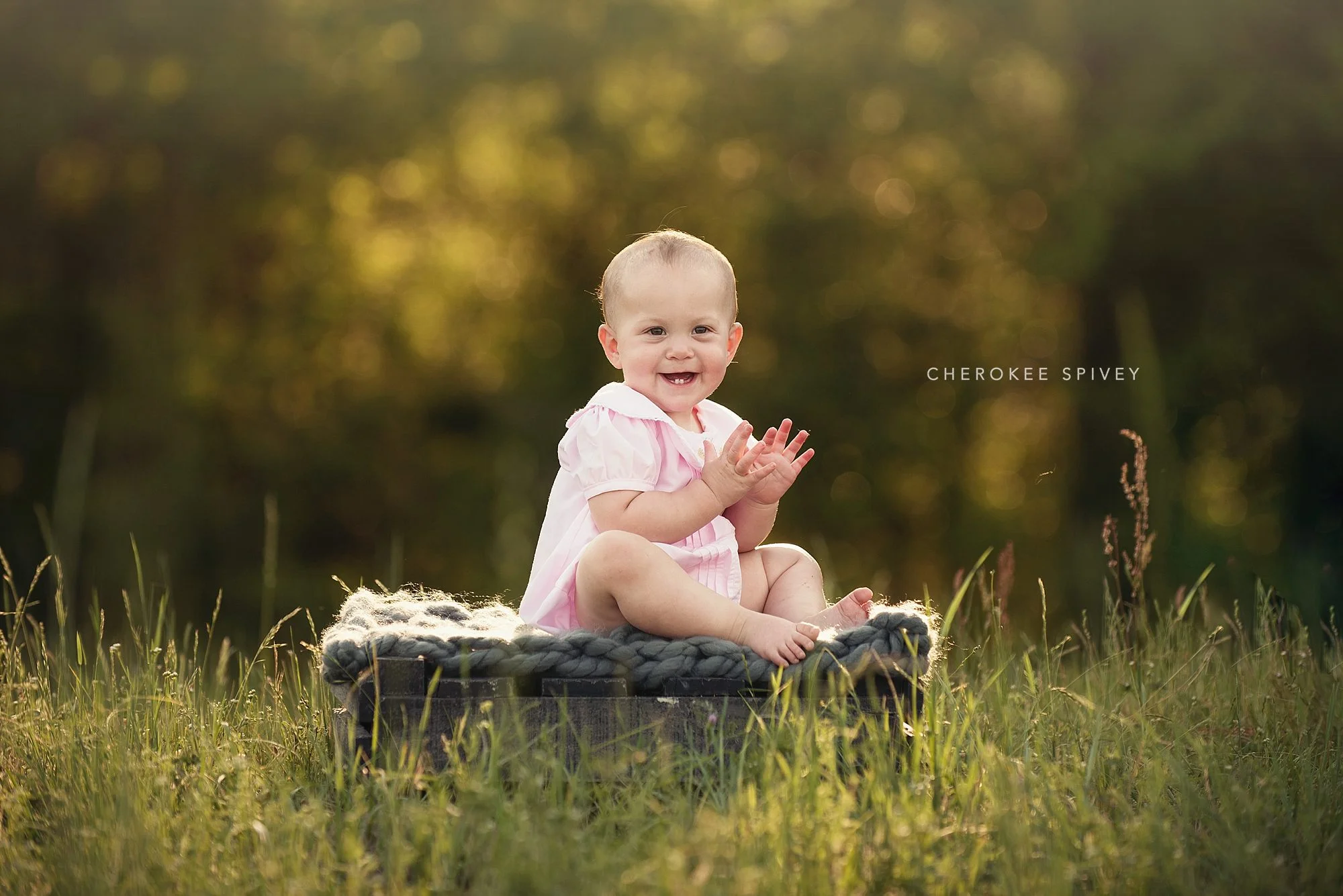 An adorable nine month old girl dressed in a pink cotton romper, gleefully clapping her hands, sitting on a crate in a sunny meadow.