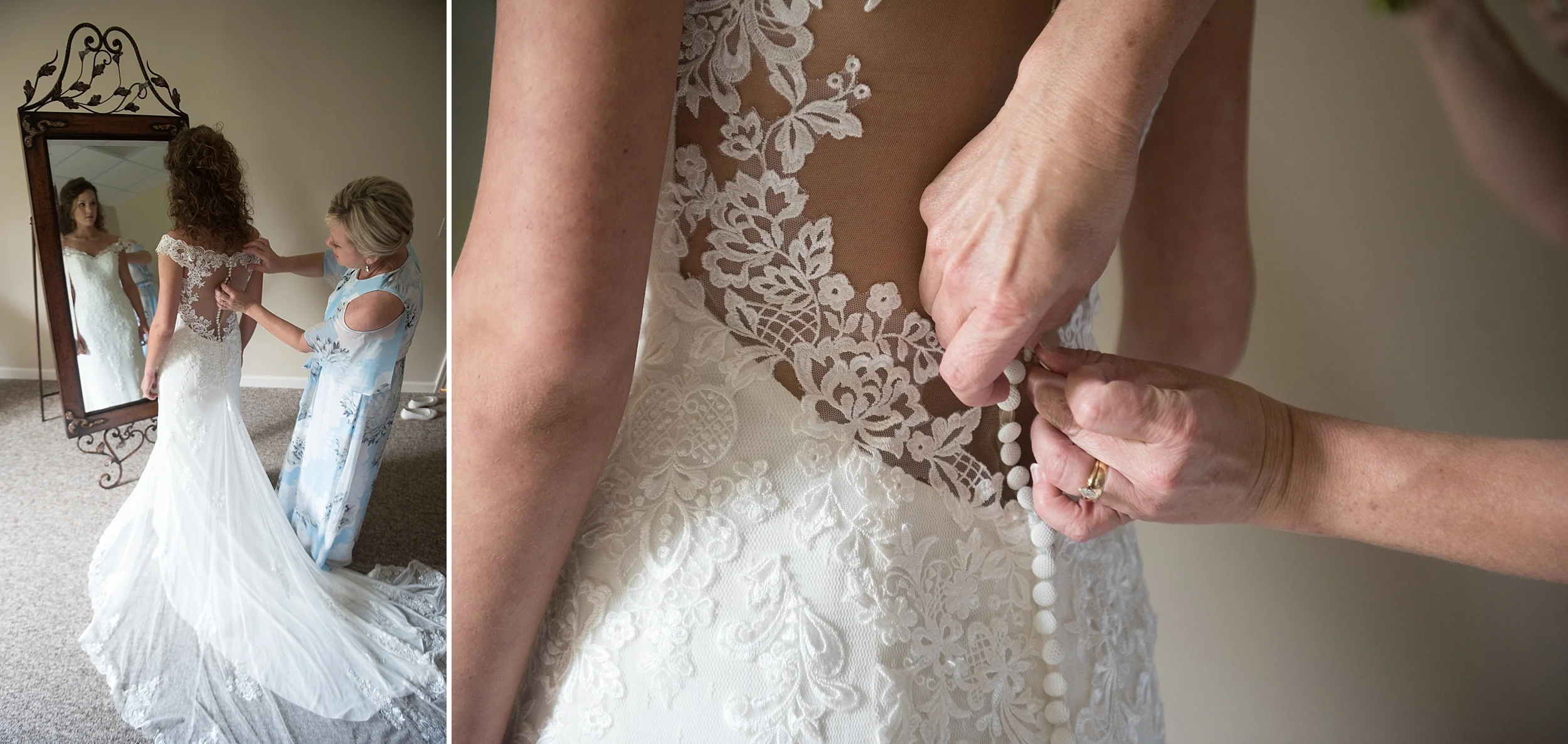 close up of bride being buttoned into her lace wedding dress by her mother