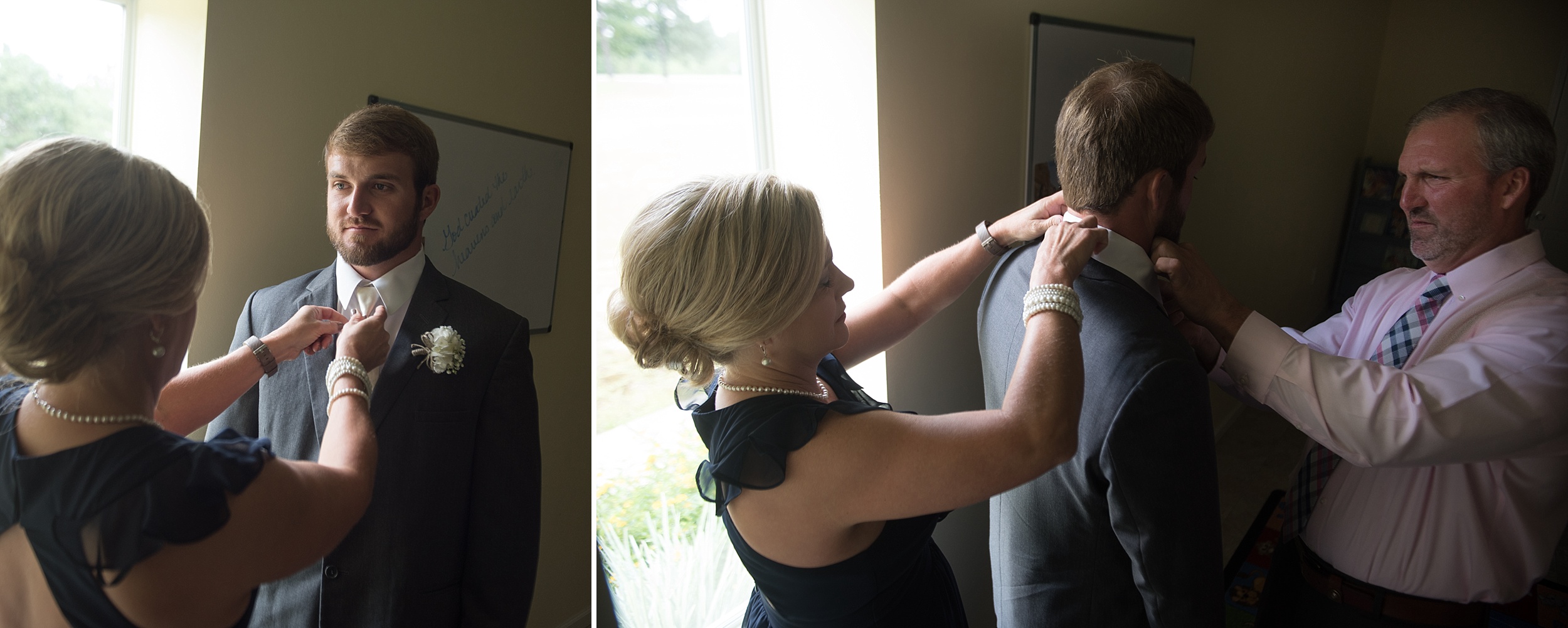 Mother and Father of the groom adjust the groom's tuxedo