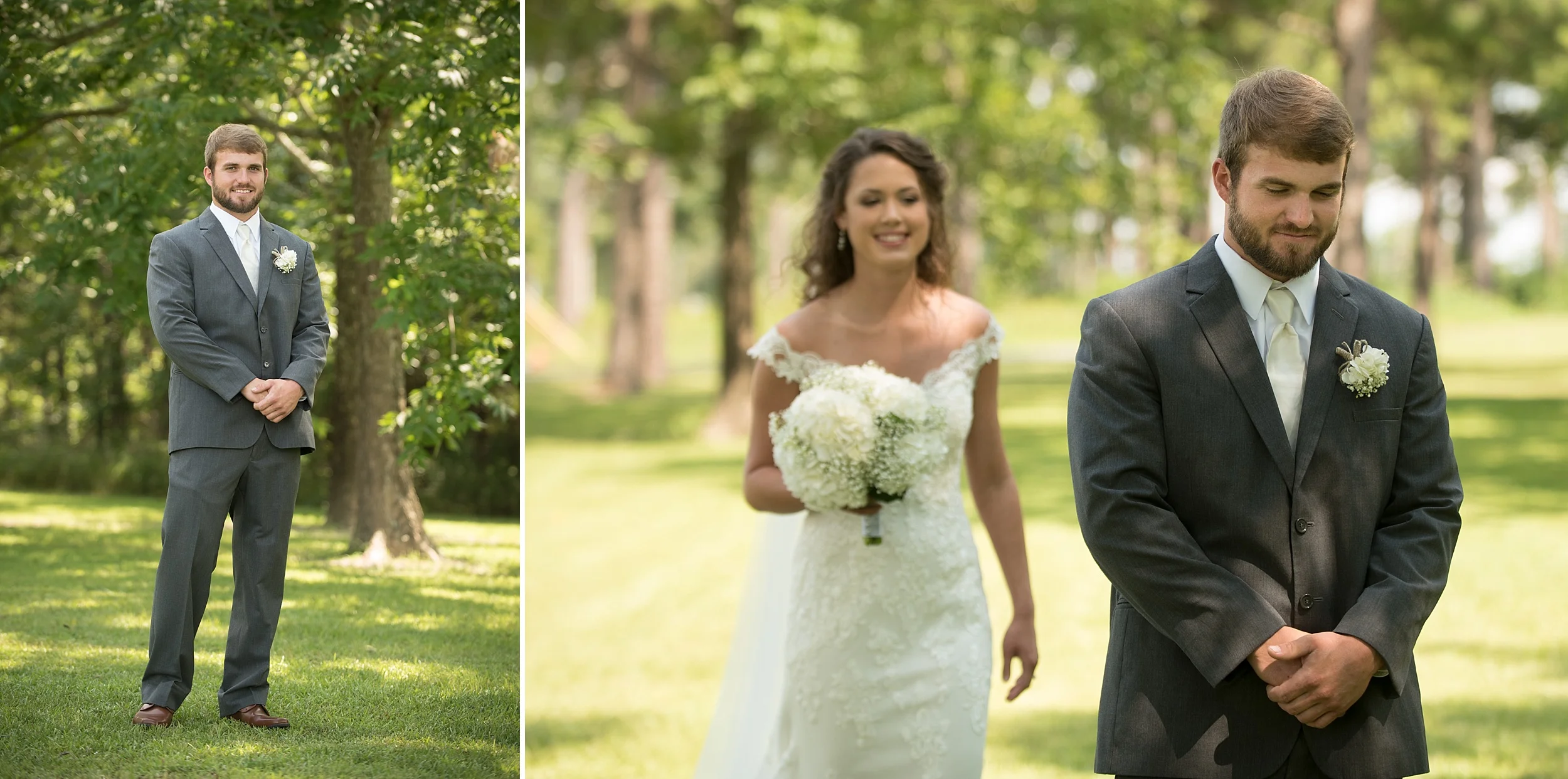groom waits to see bride for the first look under beautiful green pecan trees