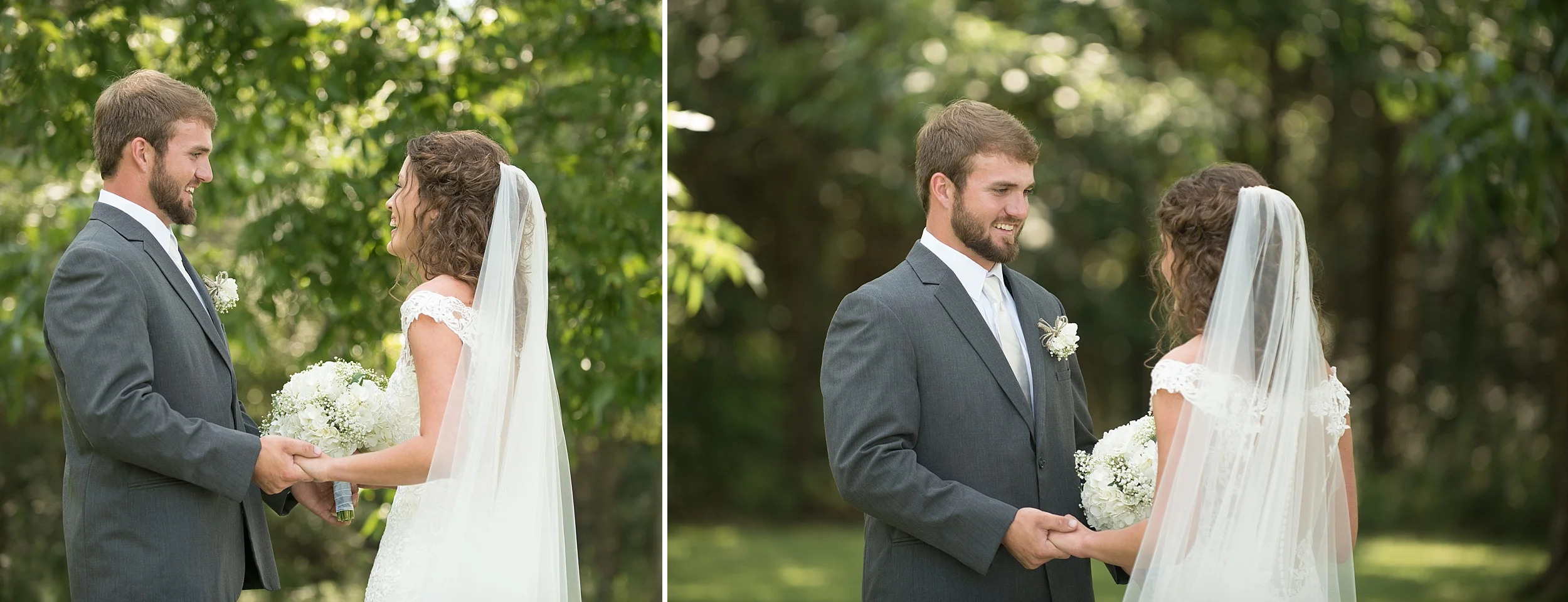 Bride and groom enjoy sharing a sweet moment together during their first look outside under beautiful green pecan trees