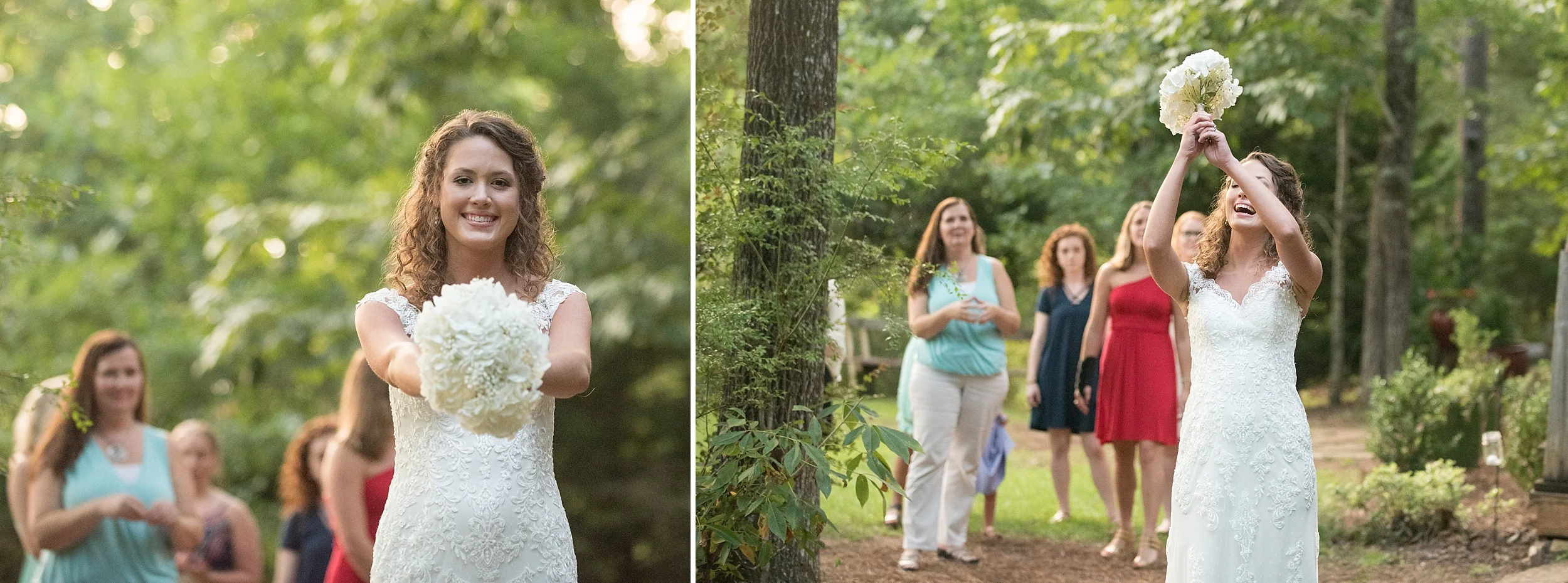 laughing bride tosses her bouquet as all the single ladies in the background scramble to catch it