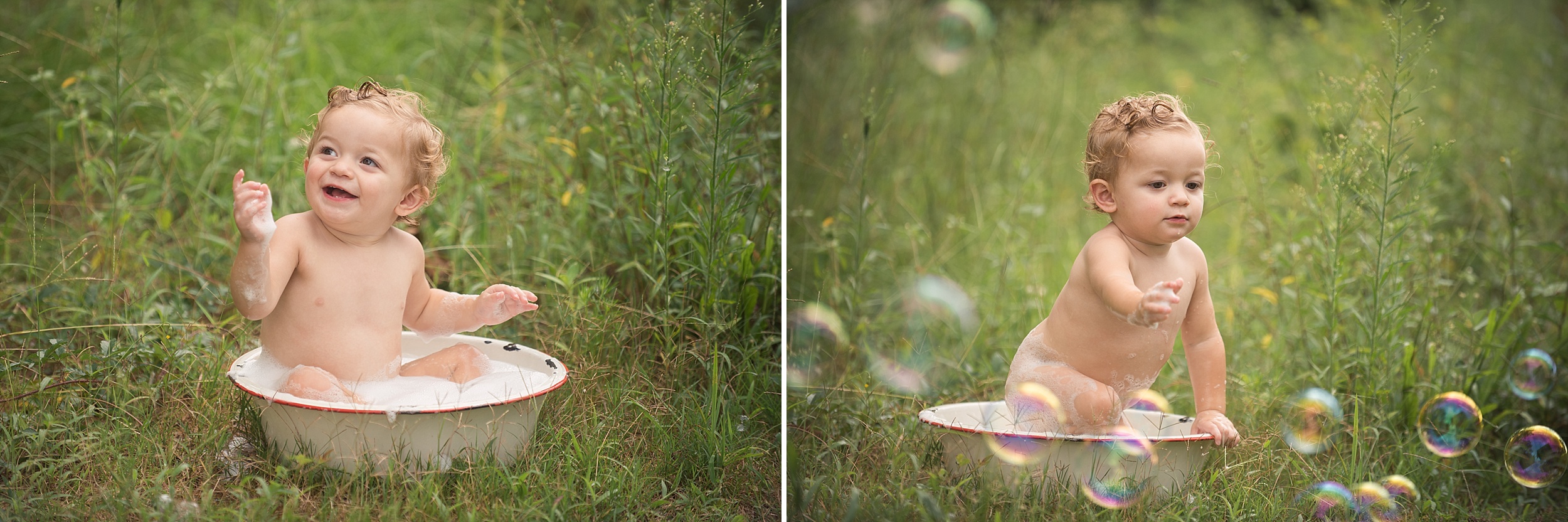 toddler boy reaches for bubbles outside
