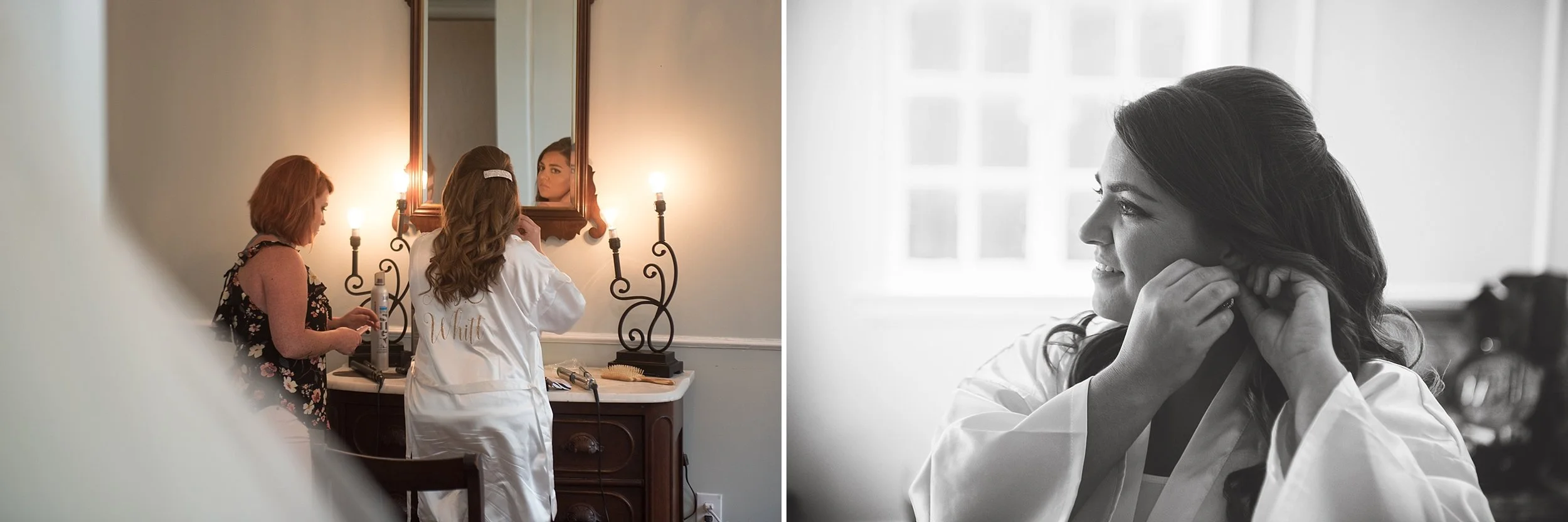 Bride puts in her earrings on her wedding day