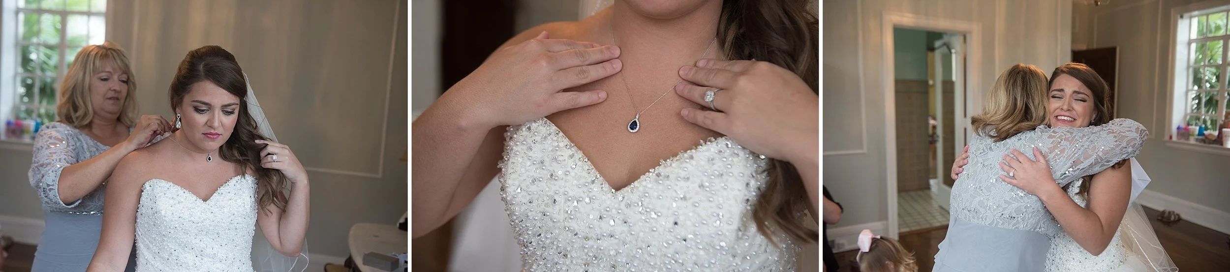 Mother of the bride gives Bride a sapphire necklace