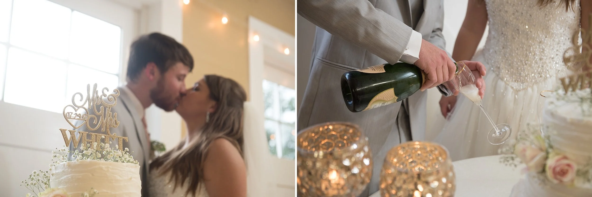 groom pours champagne for wedding toast