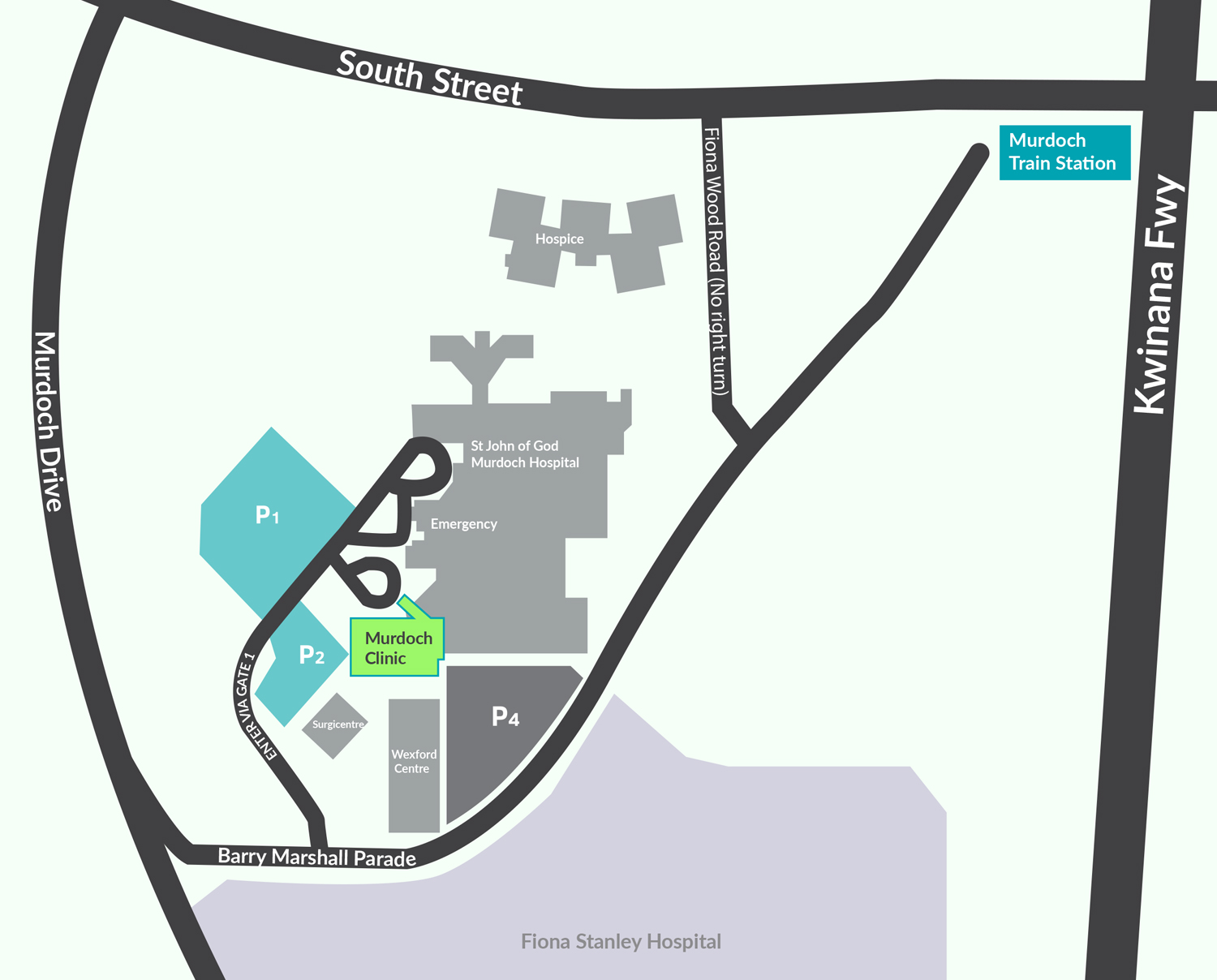 Turn onto Murdoch Drive and then at Barry Marshall Parade to enter St John of God Murdoch Hospital via Gate 1. Get Directions