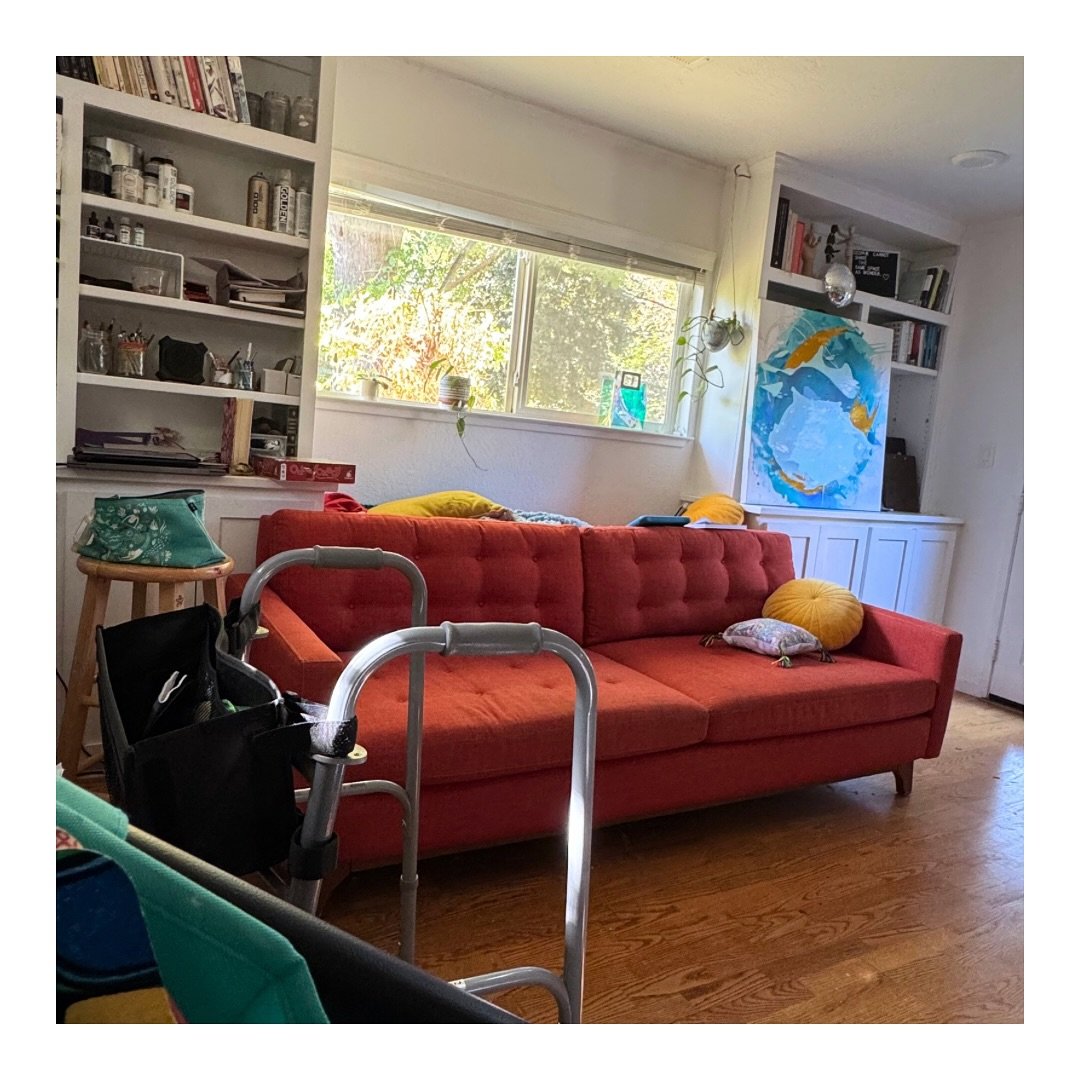 Thank you all for your love and encouragement! My current recovery view from my hospital bed, my &ldquo;stroller&rdquo; aka walker close by. This painting is up for grabs if you&rsquo;re wanting a pop of joy. 🤩🩵