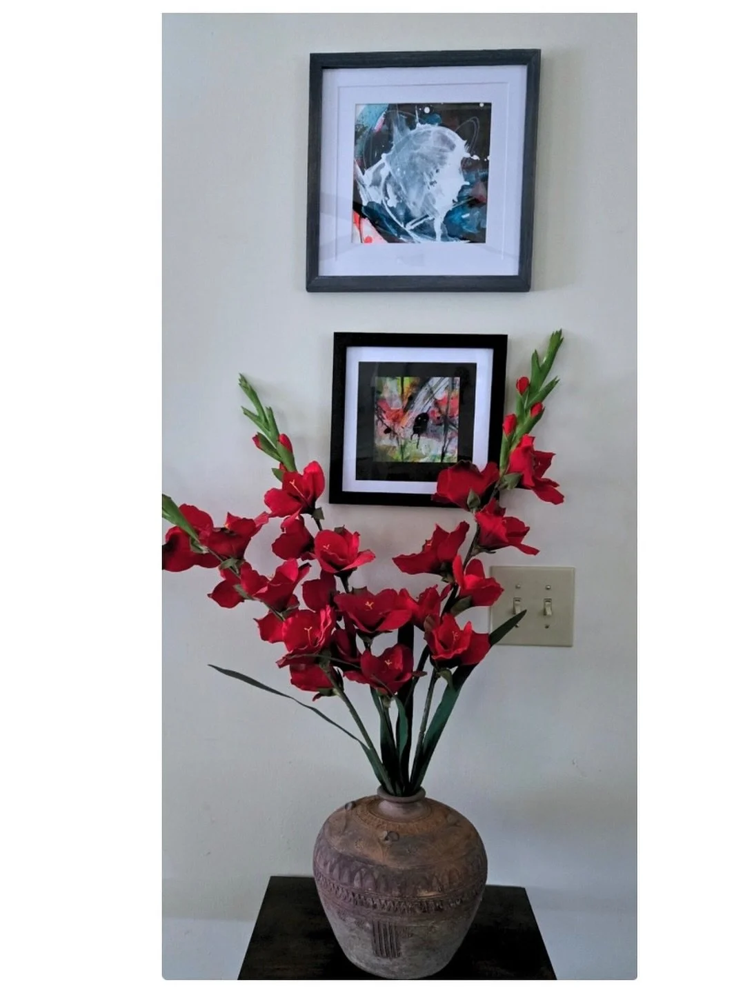 This was my sweet friend Lyza&rsquo;s wall. 🩵🩵🩵The top is &ldquo;bluebird&rdquo; I painted, and the bottom is the print I made &ldquo;the horrors persist, but so do I.&rdquo; She was incredibly supportive of my work and an encourager to everyone. 