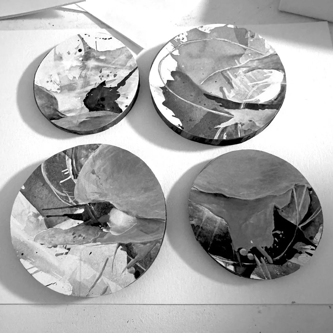 Playing with some 3&rdquo; and 4&rdquo; wood rounds. Any guesses on the color palette of these? All close ups from the same painting. 🖤🤍