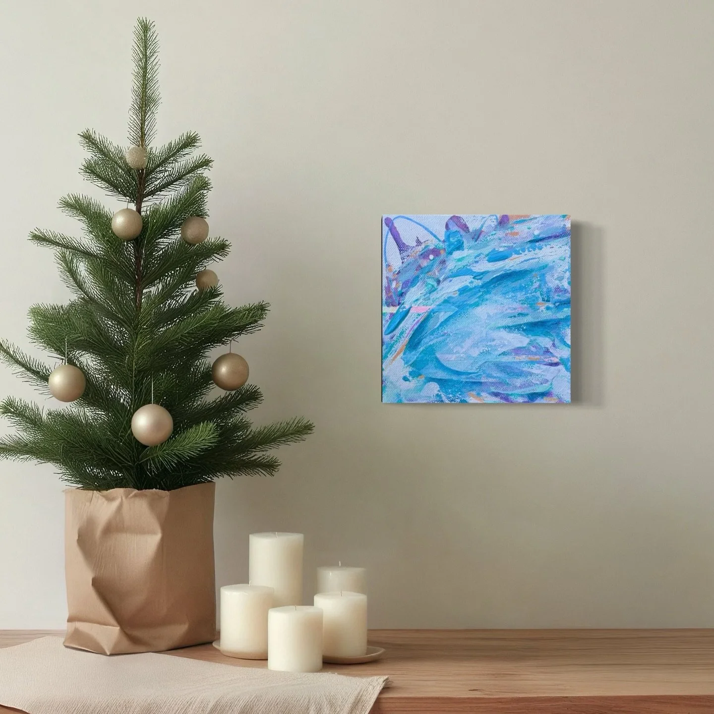 She&rsquo;s done will list her now. 🩵🌈 She&rsquo;s got aqua sides and doesn&rsquo;t need a frame. ⭐️

#ittybittygift #holidaygiftidea #uniquegifting #abstractartwork #rainbowart #coloroftheyear2025 #turquoise