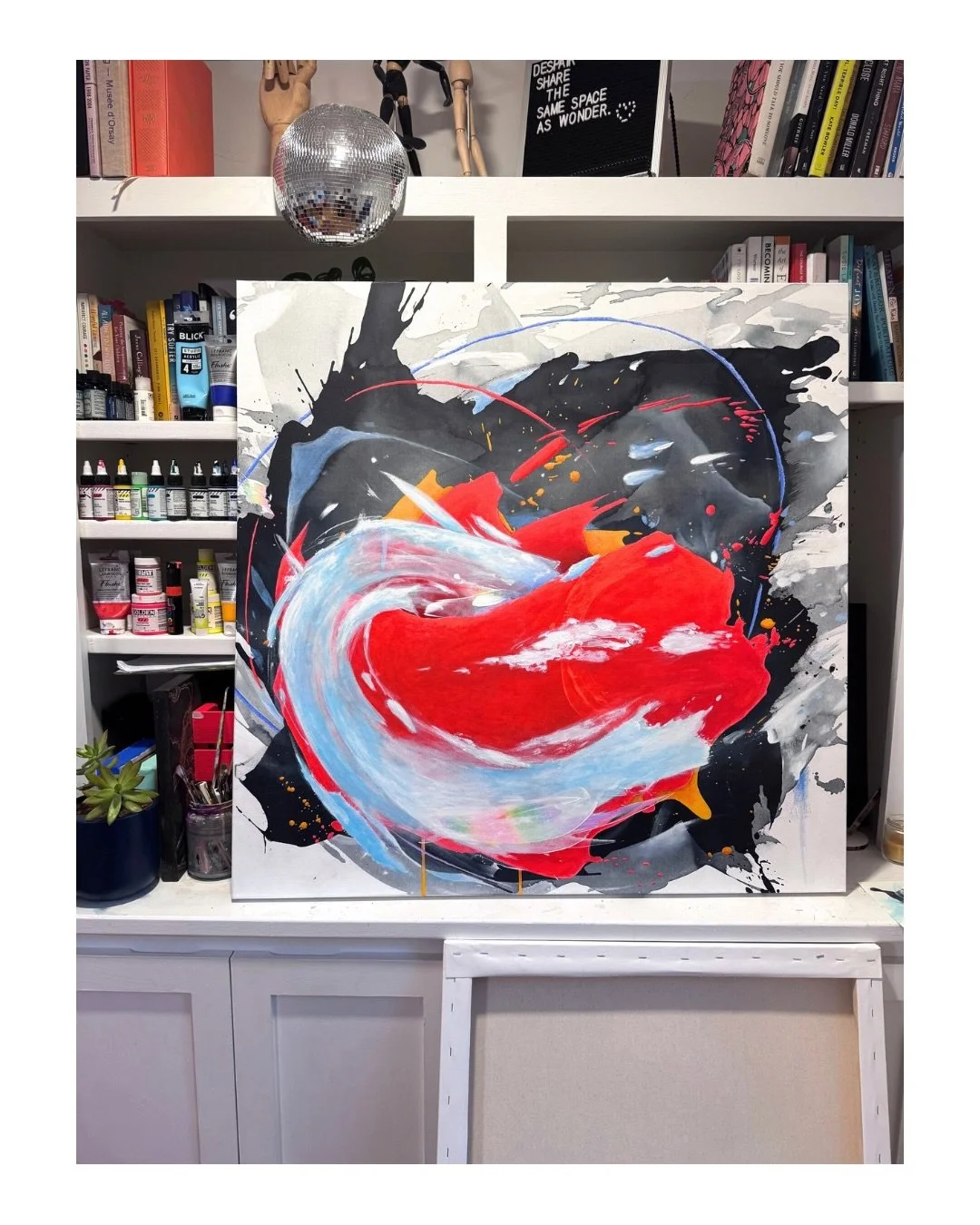 Swipe to see what inspired me to get back to this painting. I added another layer to make the prisms more subtle. ➡️🩷❤️🩵 there are some awkward parts that are growing on me. 🤷🏻&zwj;♀️

#traderjoestote #traderjoeslove #neonaesthetic #boldcolorfulh