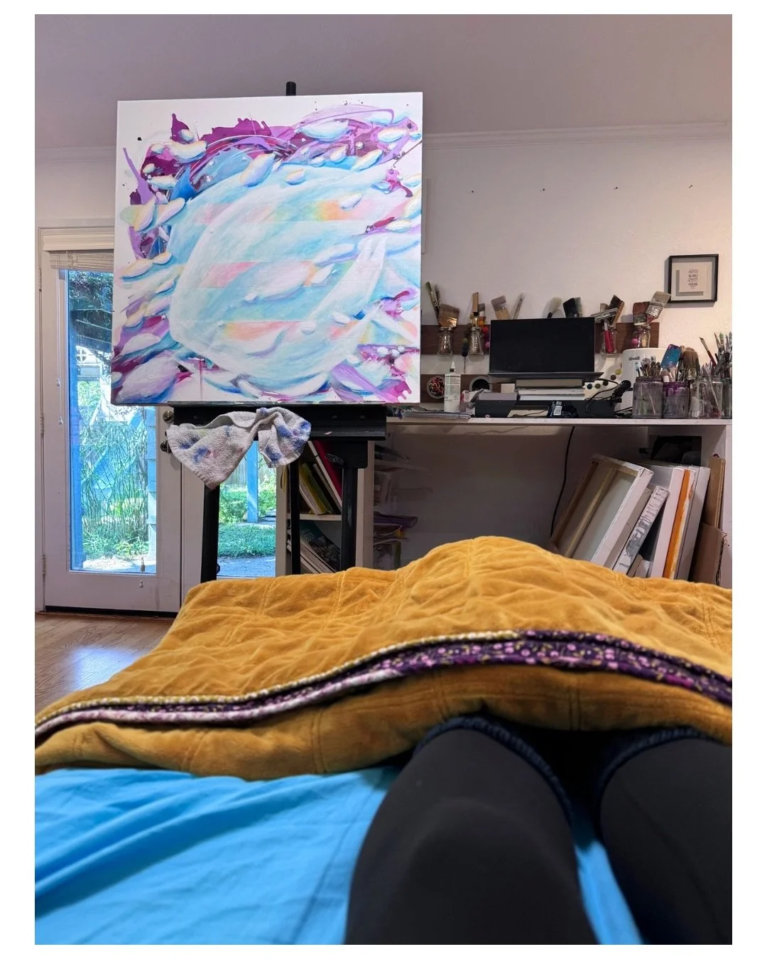 I wish I could get on the floor and swoosh the crap out of this one 😂 instead deciding next steps from the hospital bed that I&rsquo;m very ready to ditch (as well as the painting). I spend more time upright than sitting or laying down. This alone i