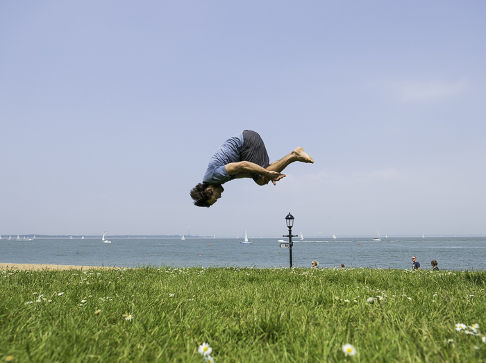 Front flip on the grass on Cowes Green, Isle of Wight UK. Photo: Sophie Stevens