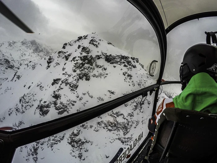 The heli ride up to the formidable Bec De Rossa competition face