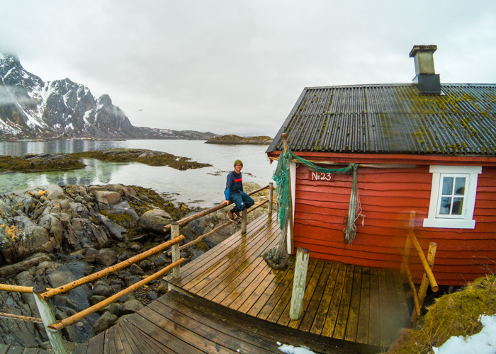 Sophie outside the converted fisherman’s cabin we stayed in at Svinoya, Svolvaer. Photo: Pete Oswald