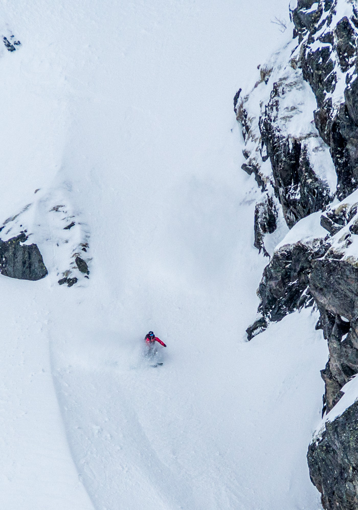 Pete scoring a couloir to himself while the other ski tourers take the easy way down. Photo: Sophie Stevens