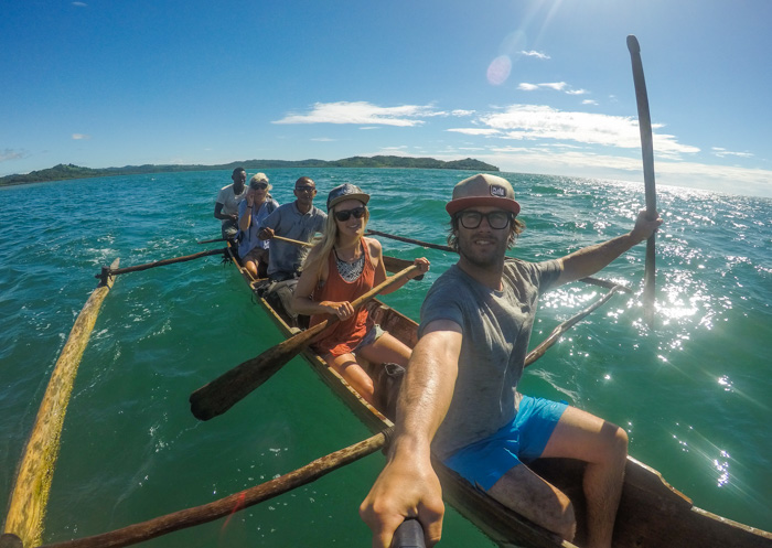 Taking an outrigger canoe, Pete, Soph, Gordon (our Guide), Jenny (Pete's Mum) and the owner of the canoe