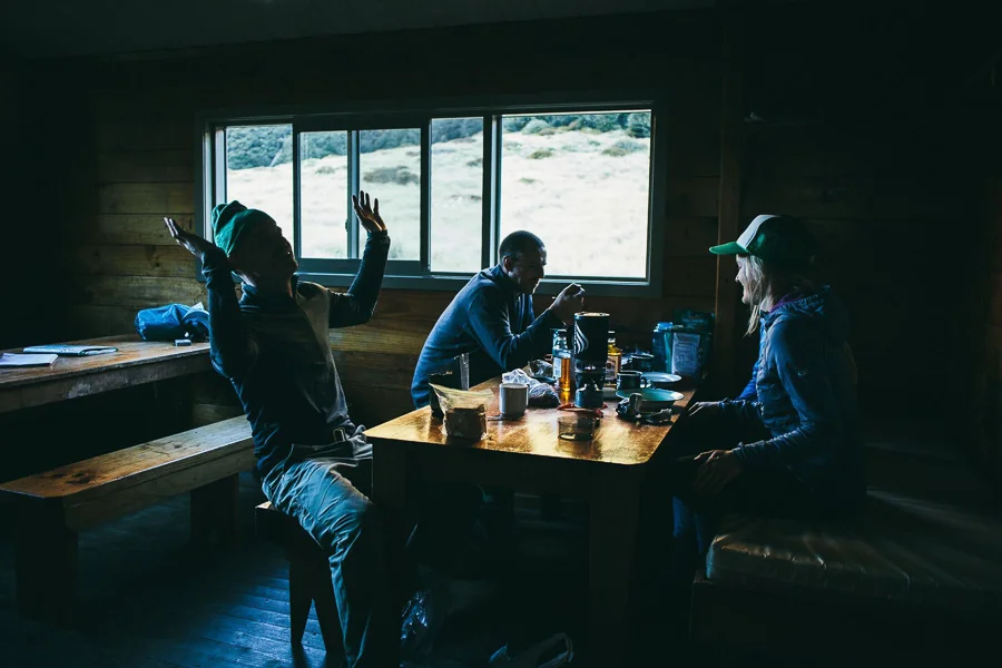Back to the hut for some whiskey and great yarns. Photo: Tom Powell