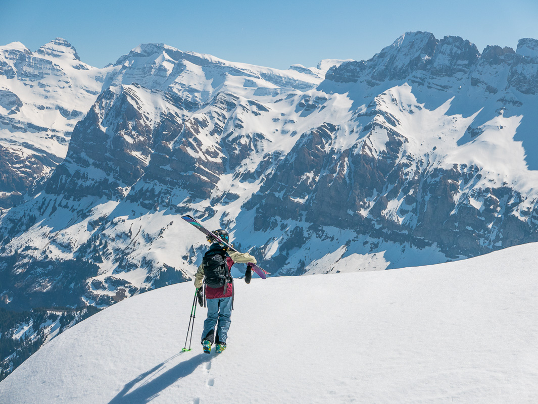 Soph hikes up one of our last lines before flying off to Norway... Photo: Pete Oswald