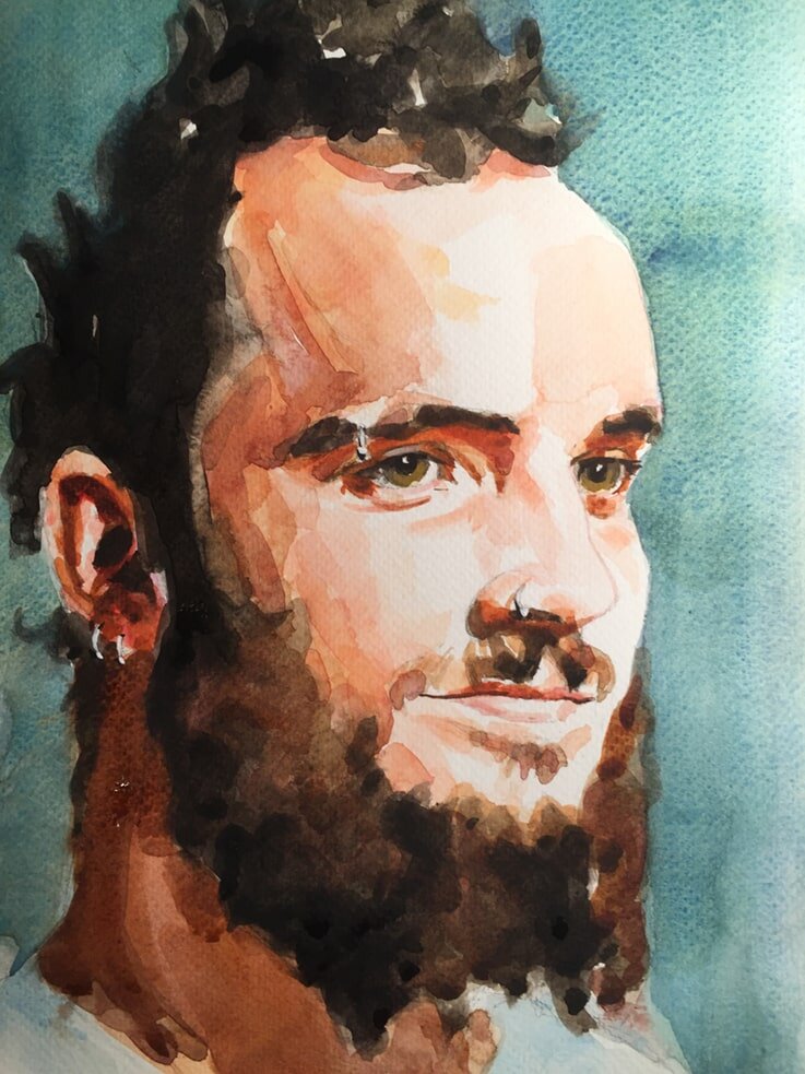 LLouie from Raw Umber Studios, A3 watercolour portrait by Jonathan Ing