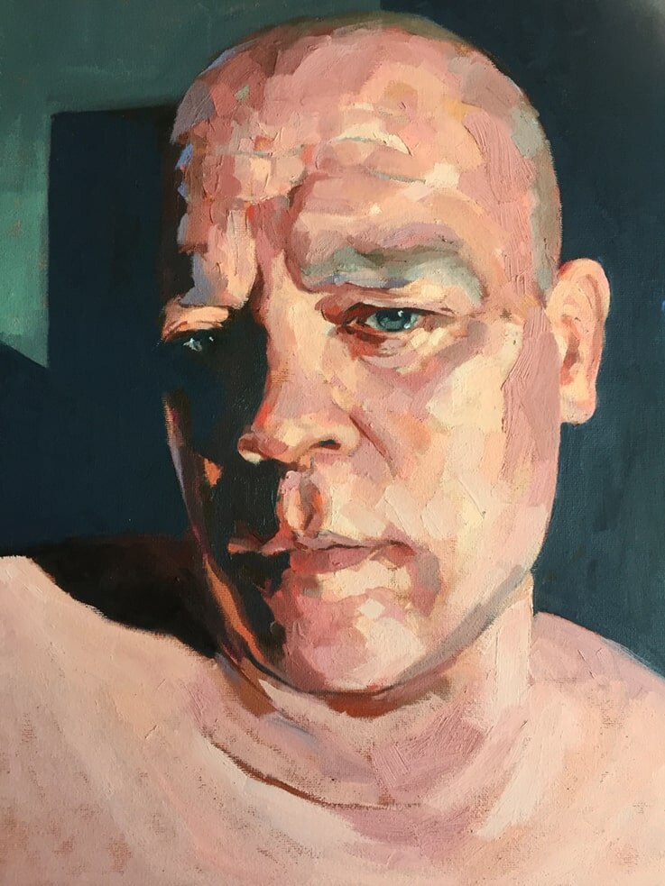 Self portrait in lockdown by Jonathan Ing. Oil on Canvas 16x20".