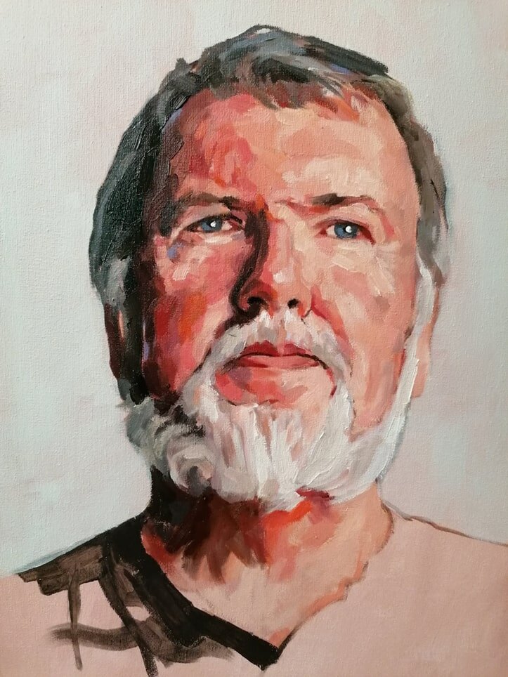 Portrait of Patrick from Raw Umber Studios. 16x20" Oil on canvas by Jonathan Ing
