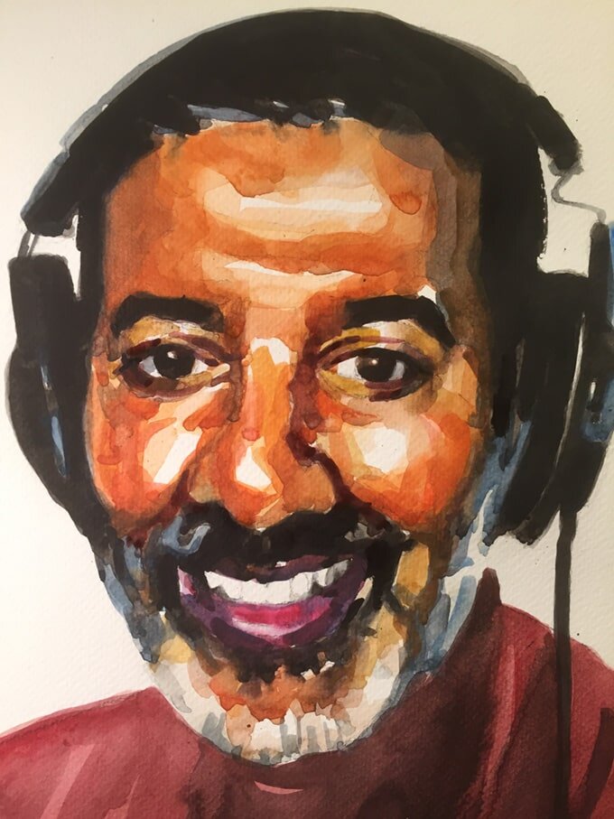 Nihal Arthanayake: The TV and radio presenter A3 watercolour portrait by Jonathan Ing 