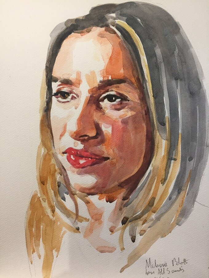 Melanie Blatt from All Saints, painted by Jonathan Ing, watercolour A3"