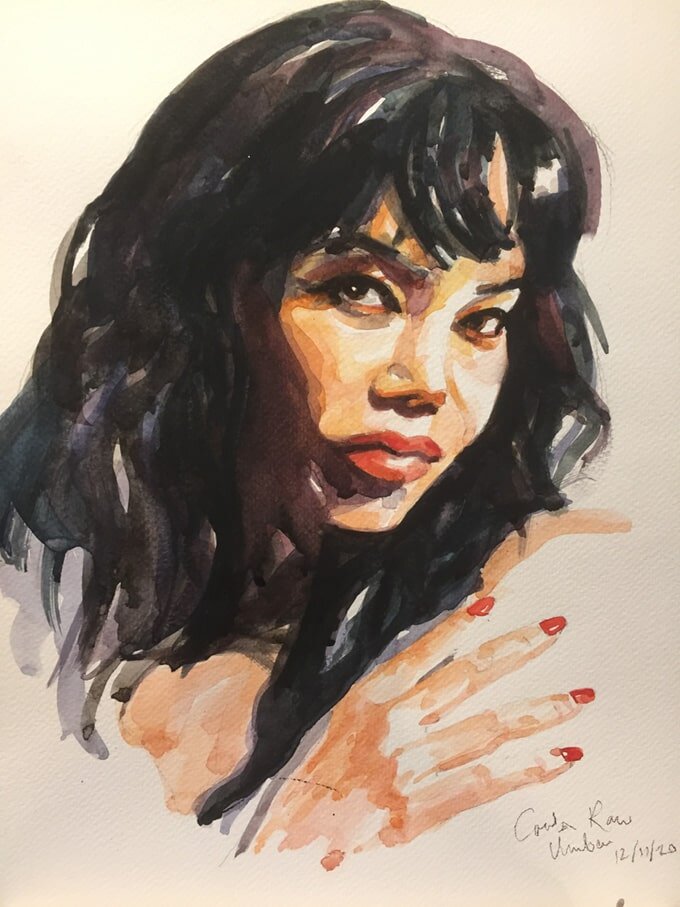 Carla from Raw Umber Studios, A3 watercolour portrait.