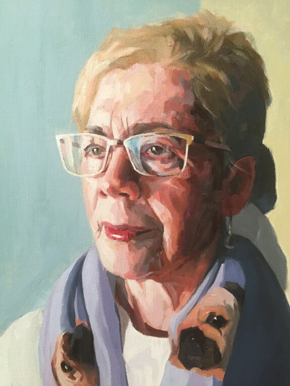 My Mum with her pug scarf. Oil on Canvas 16x20" by Jonathan Ing