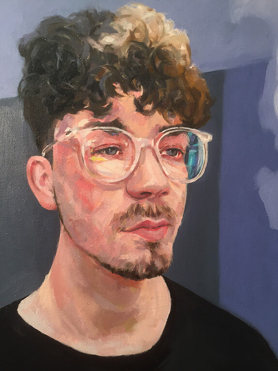 Portrait of my son Julian age 20 in 2021. Oil on canvas 16x20".
