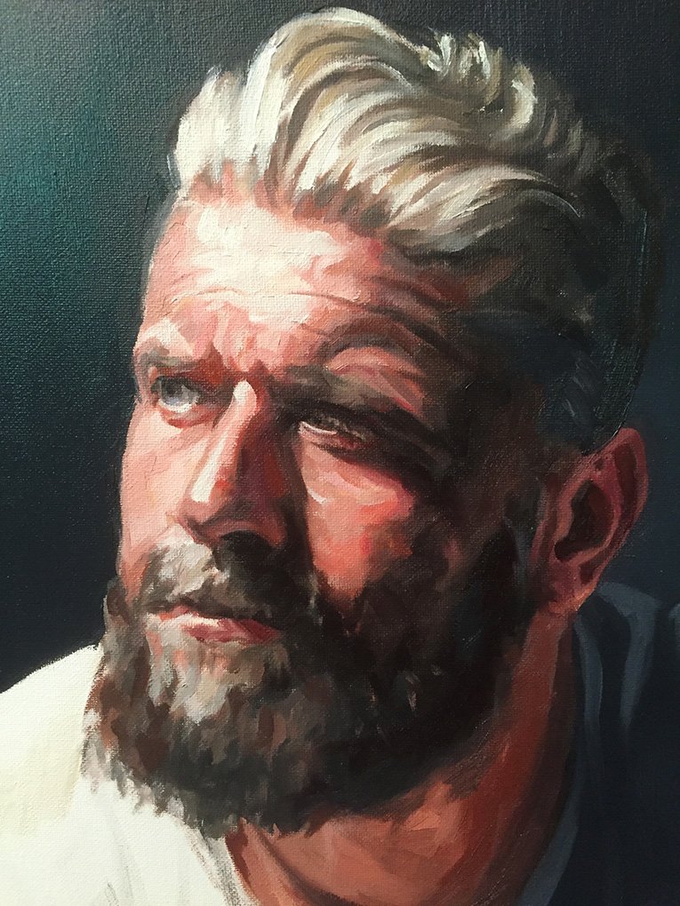 Portrait of Sam from Raw Umber Studios. 16x20" Oil on canvas by Jonathan Ing