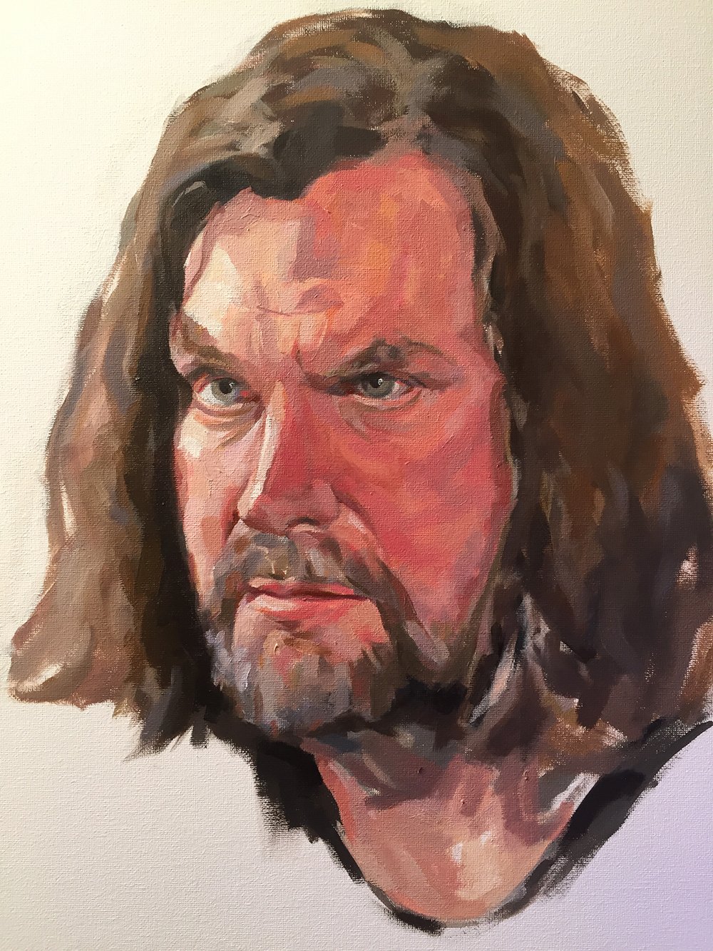Portrait of Stuart Tree WIP by Jonathan Ing. Oil on canvas 16x20"