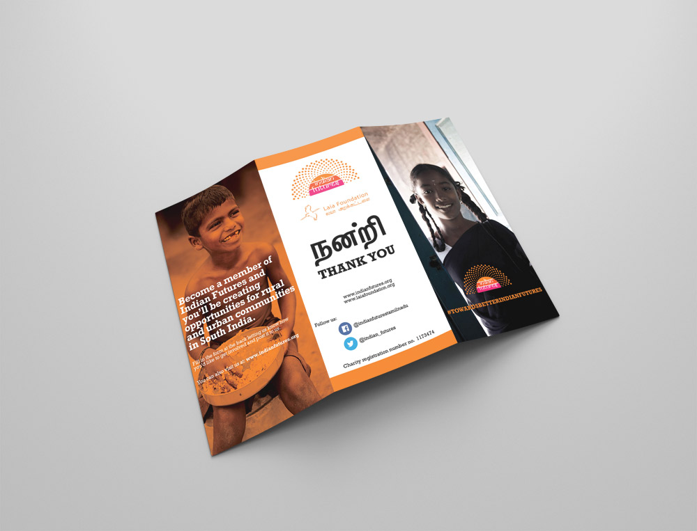  Pamphlet design, Indian Futures charity. 