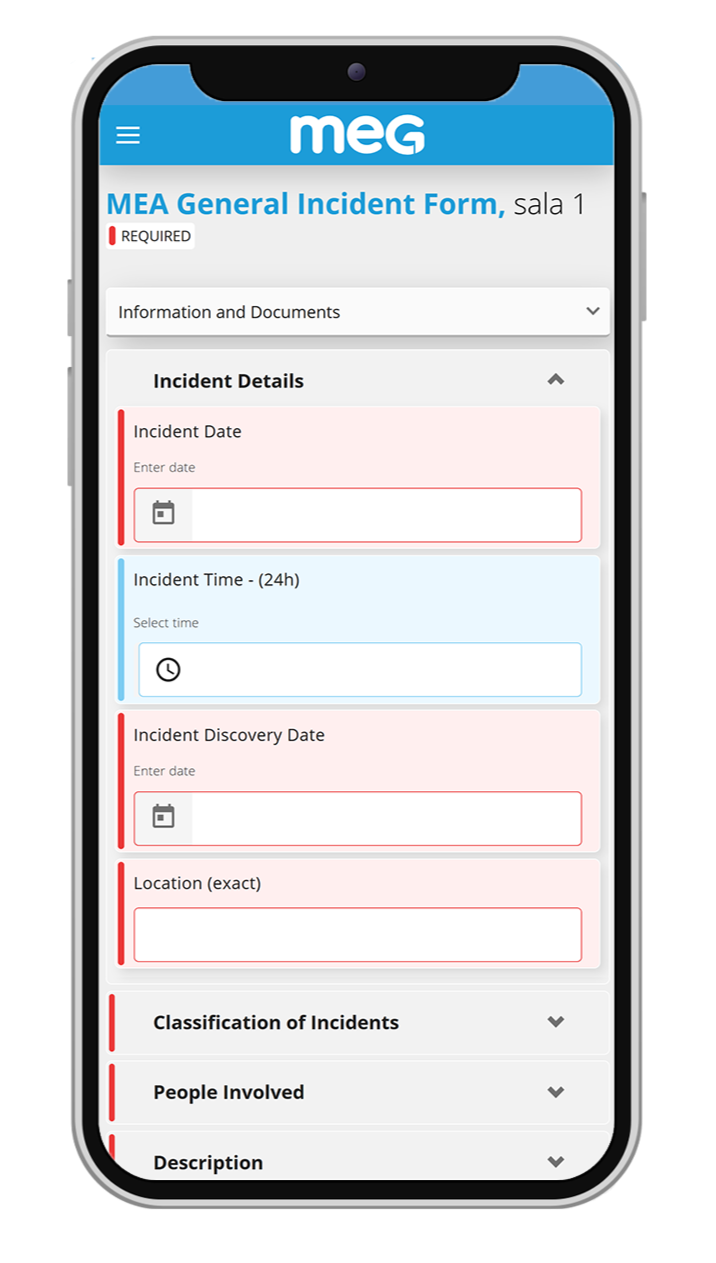Incident form in MEG's patient safety software