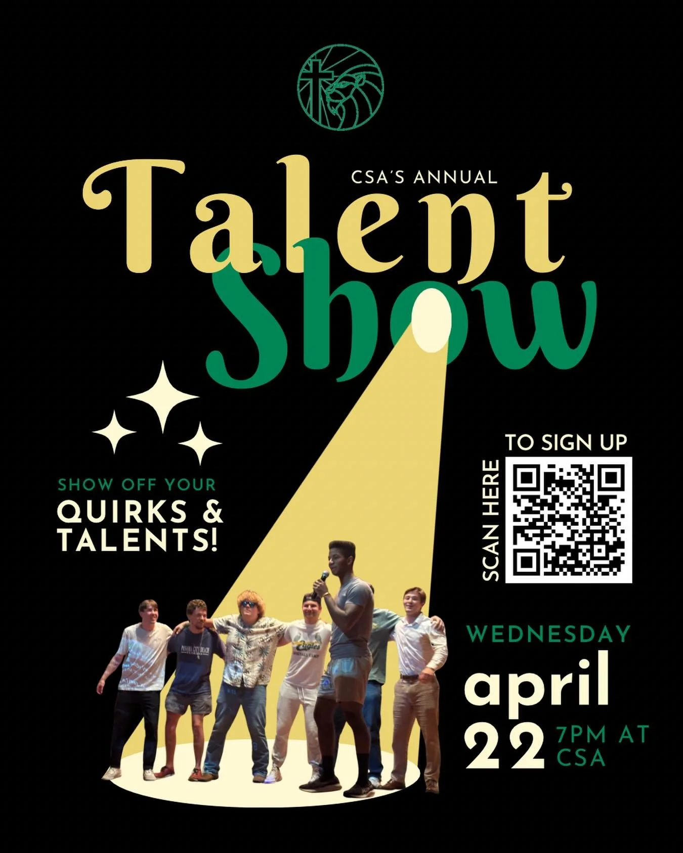 Join us at this Wednesday night at 7 PM for our annual Talent Show!!! 🎤🎭🫵🤠 

This annual CSA tradition is always such a fun and memorable night! 

Sign up (by Tuesday, April 21st at 5PM) to show off your God-given humors &amp; talents, and show u