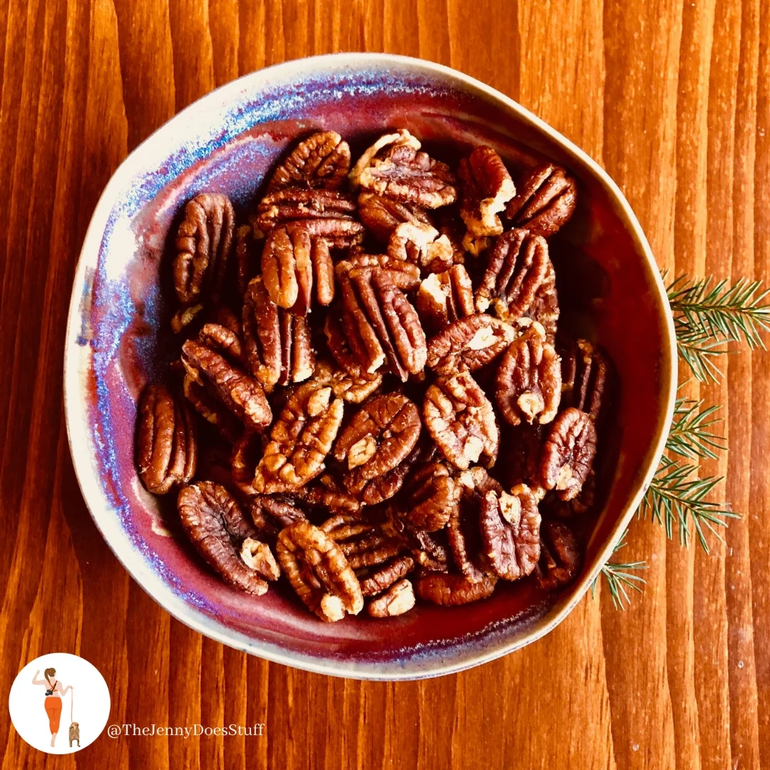 Toasted Pecans with Maple and Sea salt. Directions: Coat pecans with 2 tbs maple syrup and dash of sea salt. Bake 400 degrees until golden brown.